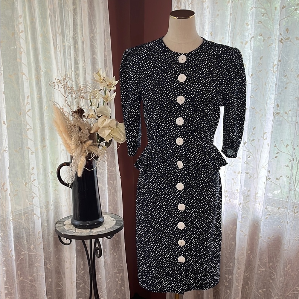 Vintage Navy Polka Dot Puff Sleeve Peplum Dress | Long Sleeve | Size [6]